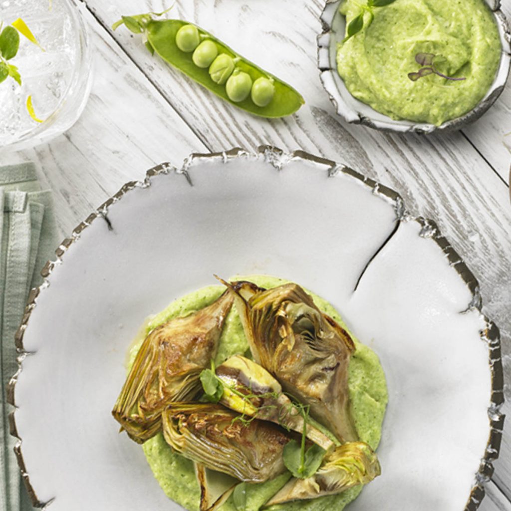 Receta de alcachofas con hummus de guisante Ametller Origen