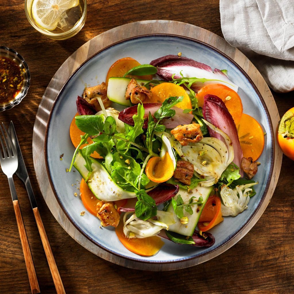 receta ametller origen ensalada persimon pollo teriyaki endivias rojas y hinojo